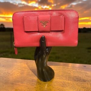 Prada Pink Saffiano Leather Bow Zip Wallet